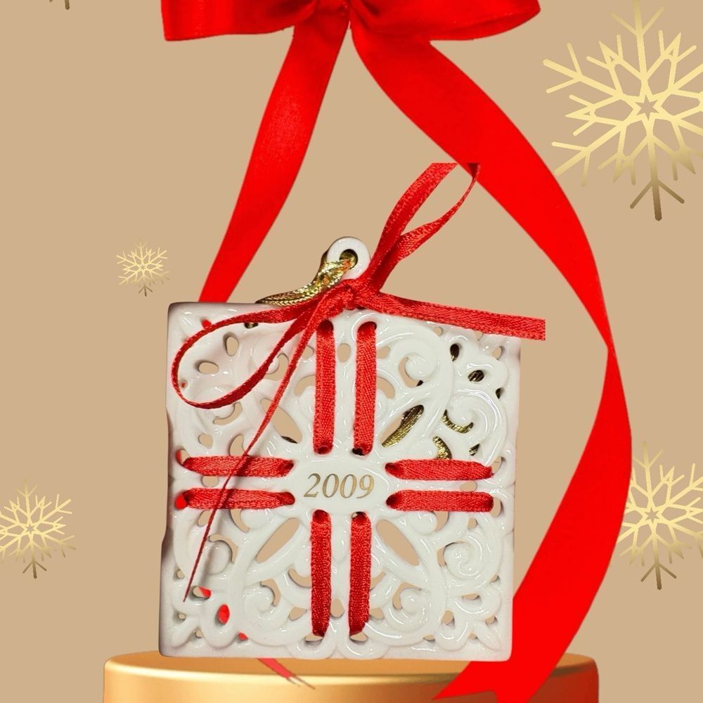 Lenox Gold Ornament with Red Ribbon, 2009